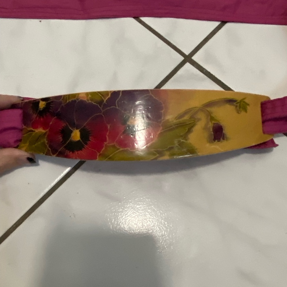Vintage Maple Lacquered Wood Panel Magenta Fabric Tie Belt